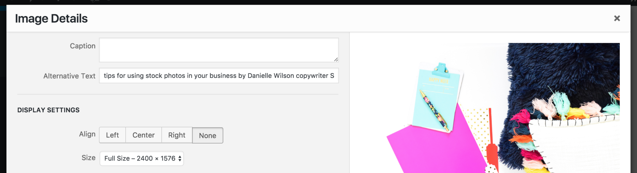 Simply edit the alternative text field to add this info to your images on wordpress