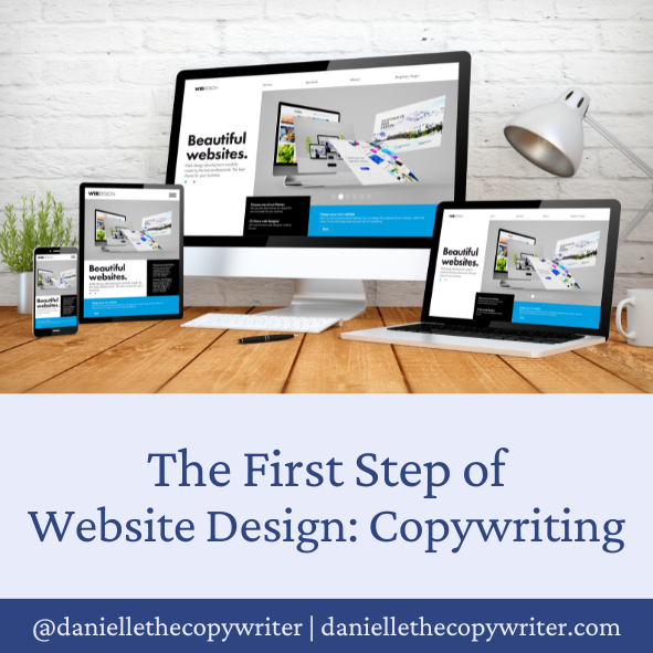 in website design, copywriting is the first step | blog post cover image with a photo of various devices and websites